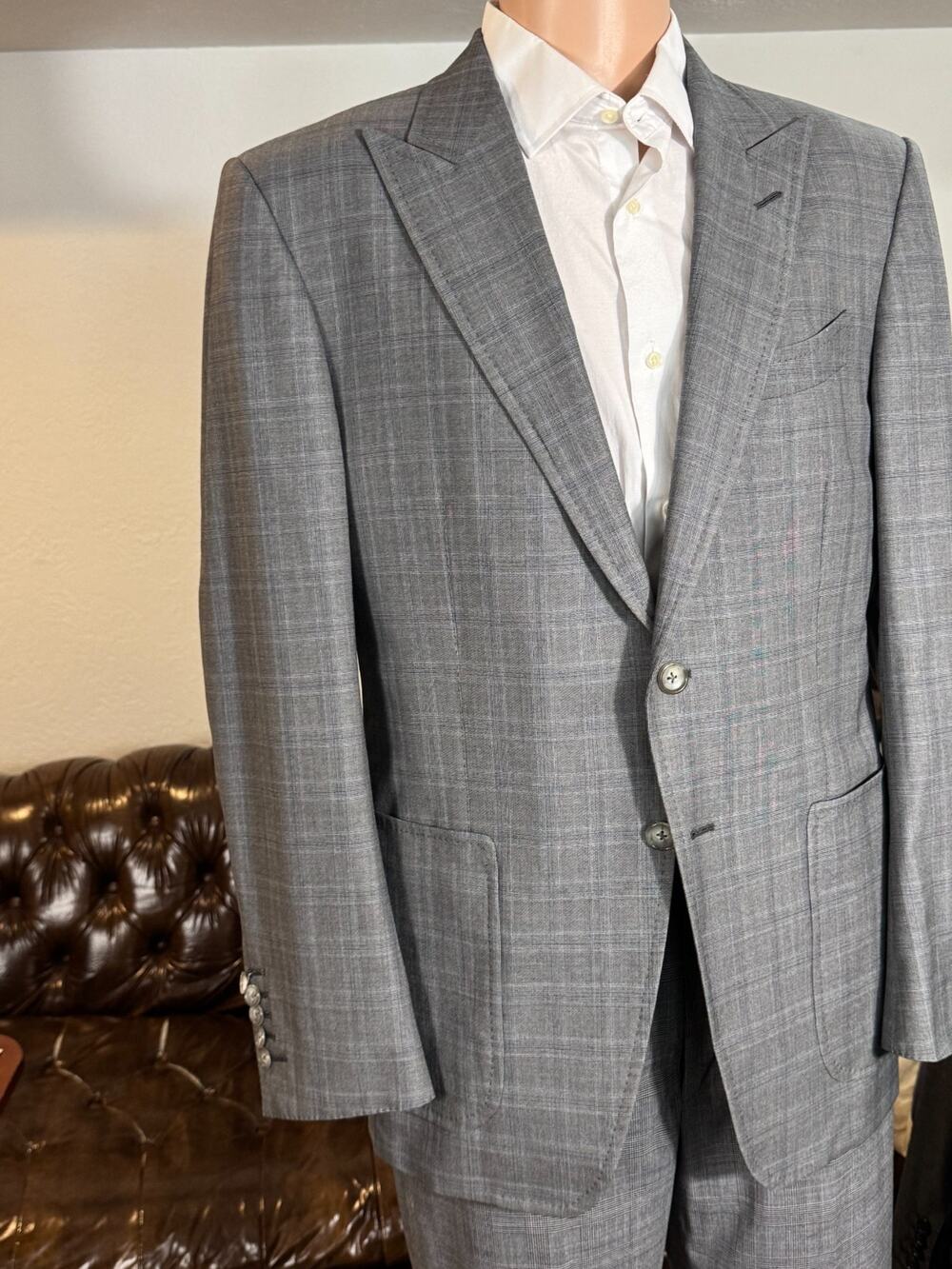 Tom Ford Peak Lapel Sportcoat 52IT 42R US Wool Houndstooth Glenn Plaid Gray